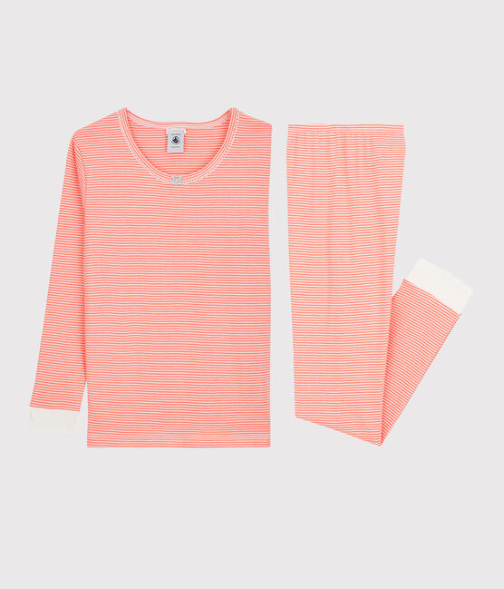 Pijama snugfit milrayas de niña de algodón rosa PEACHY/blanco MARSHMALLOW