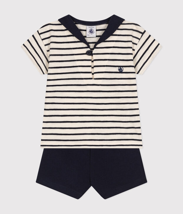 Conjunto de camiseta y pantal&oacute;n corto de punto para beb&eacute; crudo/azul