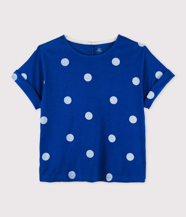 Camiseta de algod&oacute;n/lino estampada de mujer azul/blanco