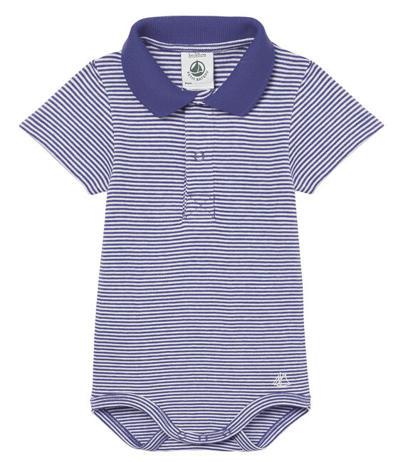 Polo manga corta cuello polo milrayas para bebé niño azul RIYADH/blanco MARSHMALLOW