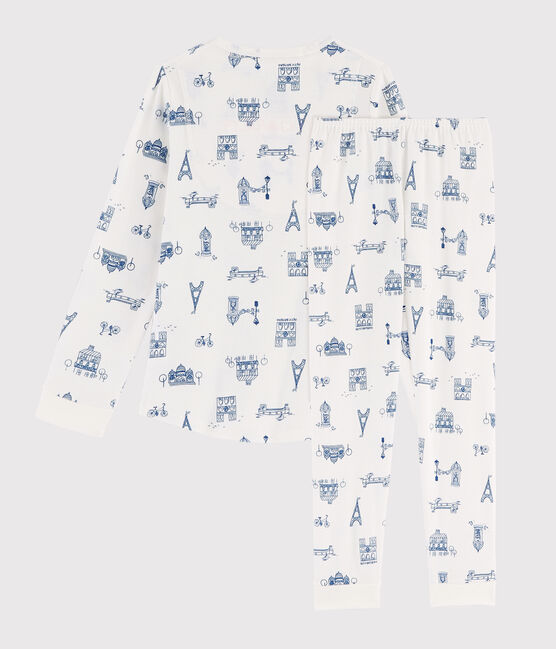 Pijama infantil de niño con estampado París de punto blanco MARSHMALLOW/azul MAJOR