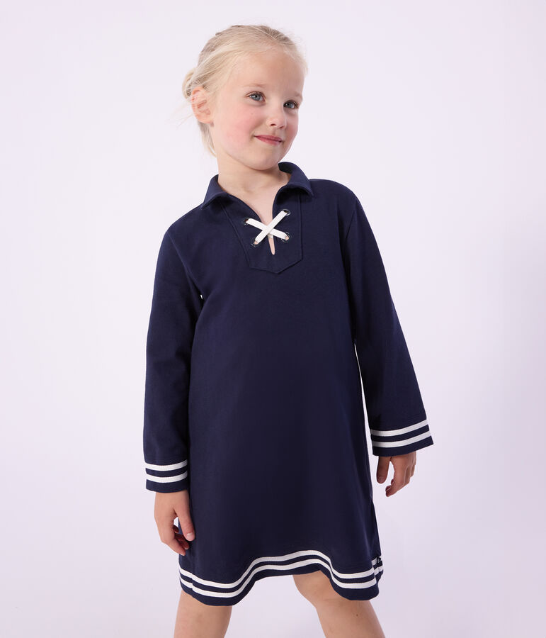 Vestido infantil liso de manga larga de algod&oacute;n azul