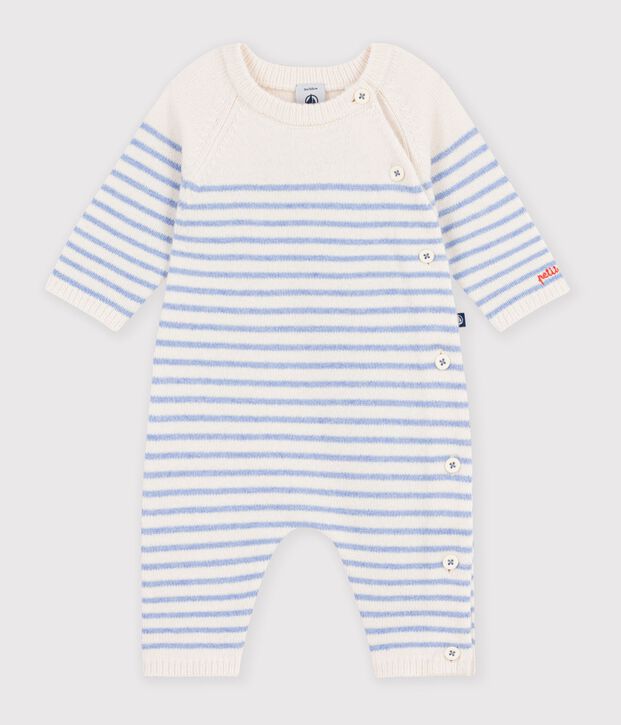 Pelele tricotado de lana y algod&oacute;n a rayas para beb&eacute; azul/azul