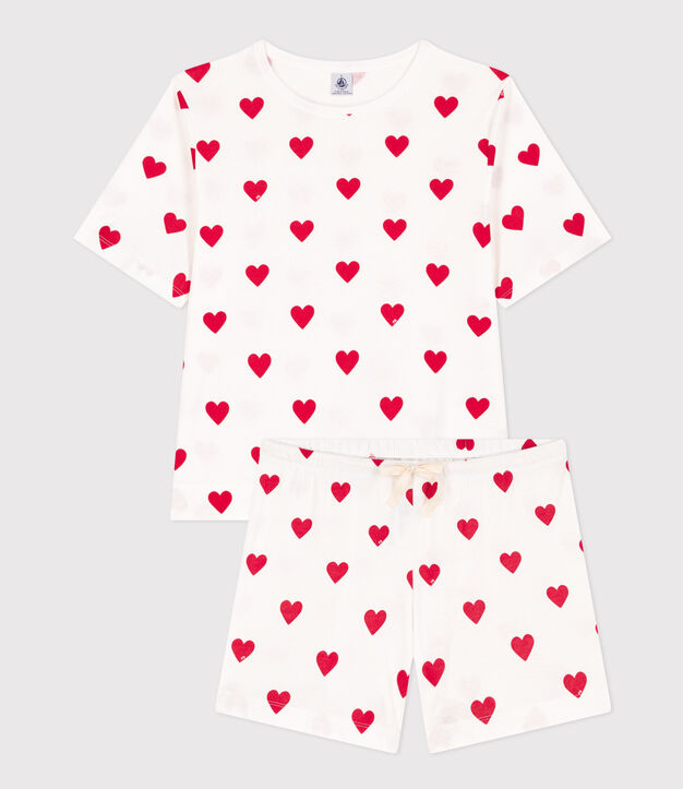Pijama corto de algod&oacute;n con coraz&oacute;n para mujer blanco/rojo