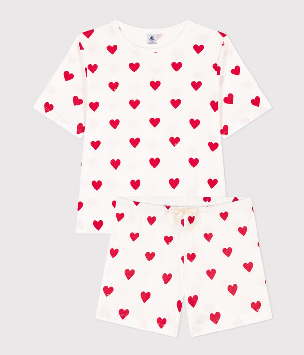 Pijama corto de algod&oacute;n con coraz&oacute;n para mujer blanco/rojo
