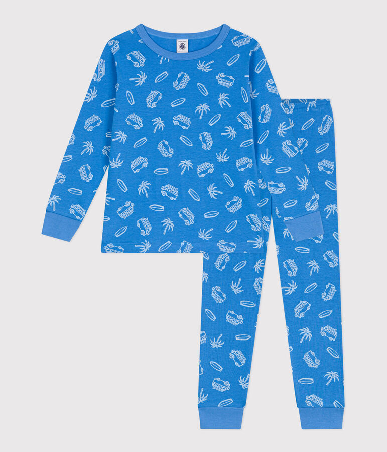 Pijama infantil de manga larga de algod&oacute;n con estampado de furgonetas azul/blanco