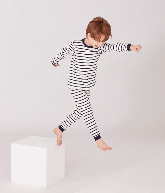 Pijama de rayas para niño beige COQUILLE/azul SMOKING
