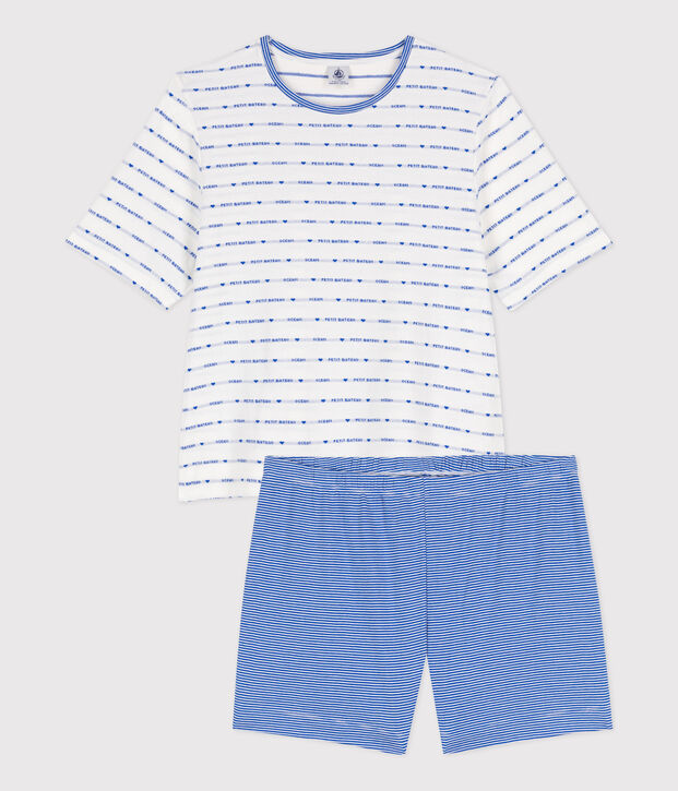 Pijama corto de algod&oacute;n para mujer blanco/azul