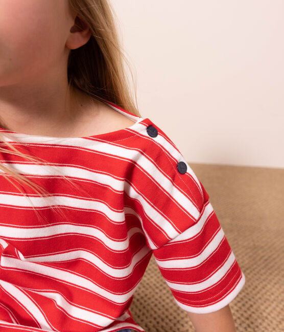 Camiseta de algodón grueso a rayas para niña rojo PEPS/blanco MARSHMALLOW