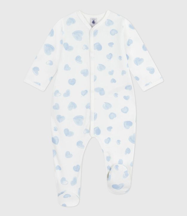 Pijama de felpa cepillada con cuello estampado de corazones para beb&eacute; blanco/azul