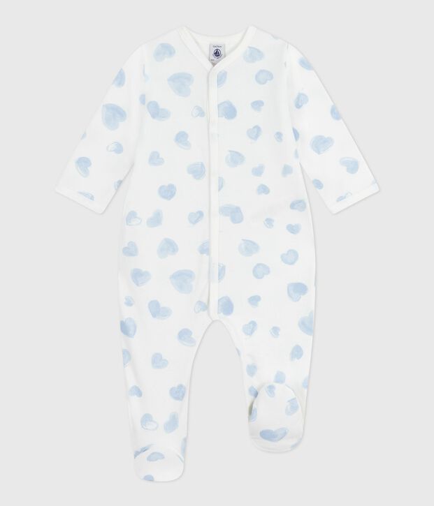 Pijama de felpa cepillada con cuello estampado de corazones para beb&eacute; blanco/azul