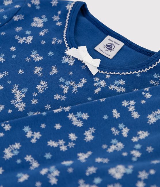 Pijama de punto para niña con estampado de copos de nieve azul MAJOR/blanco ECUME