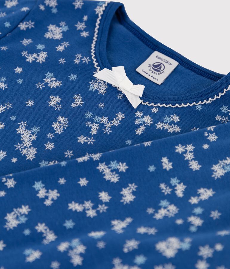 Pijama de punto para ni&ntilde;a con estampado de copos de nieve azul MAJOR/blanco ECUME