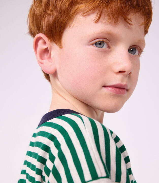 Camiseta infantil de manga larga a rayas verde/beige/verde