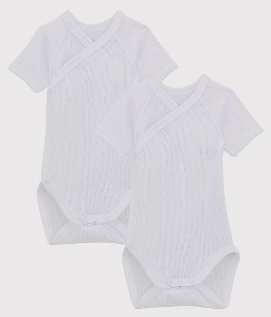 Lote de 2 bodys cruzados calados blancos de manga corta de bebé de algodón ecológico variante 1