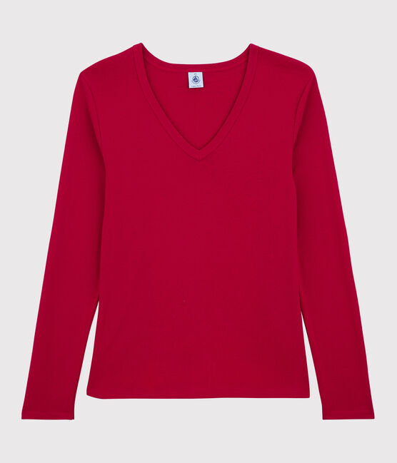 Camiseta de cuello de pico emblemática de algodón de mujer rojo TERKUIT