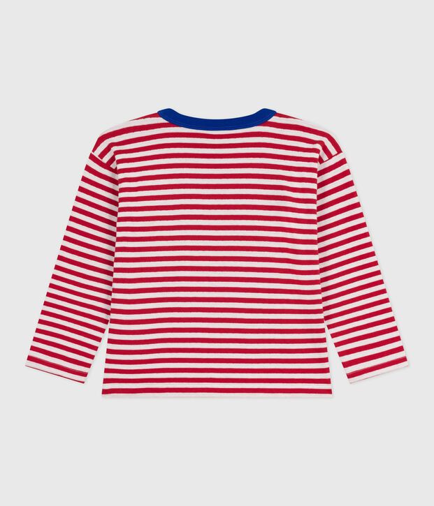 Camiseta infantil de algod&oacute;n de manga larga a rayas rojo/crudo
