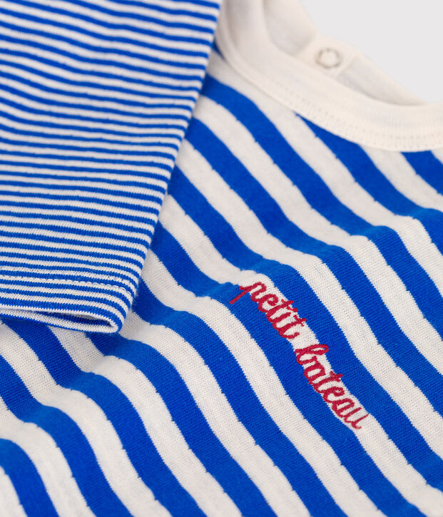 Camiseta de manga larga de algod&oacute;n a rayas para beb&eacute; azul/crudo
