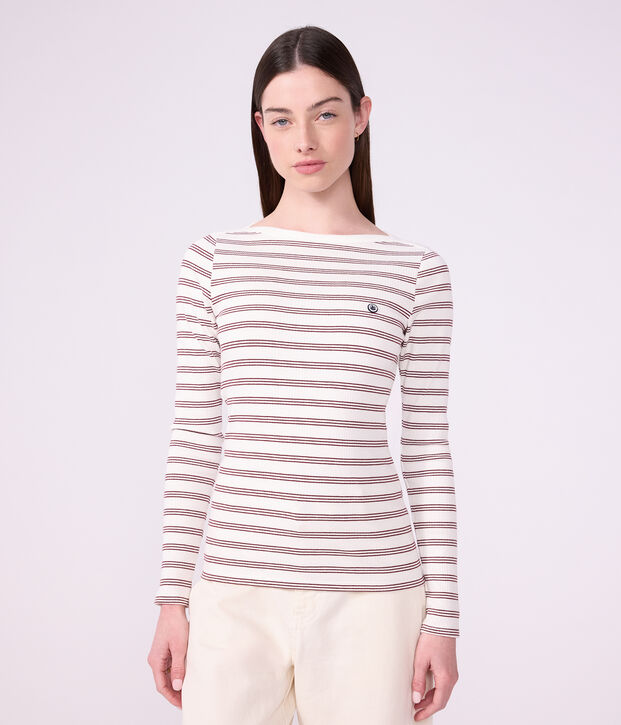 Camiseta de manga larga de algod&oacute;n a rayas con cuello almirante para mujer blanco/rojo