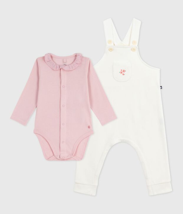 Conjunto de peto de algod&oacute;n liso con detalles refinados para beb&eacute; crudo/rosa