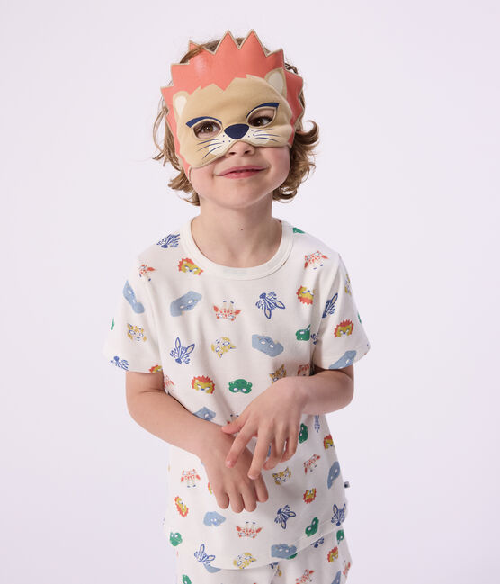 Pijama corto tipo disfraz infantil de algodón con estampado de máscaras blanco MARSHMALLOW/blanco MULTICO