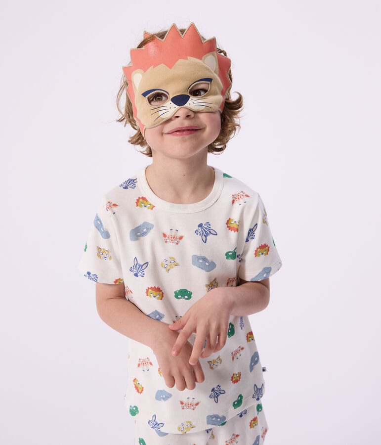 Pijama corto tipo disfraz infantil de algod&oacute;n con estampado de m&aacute;scaras blanco/multicolor