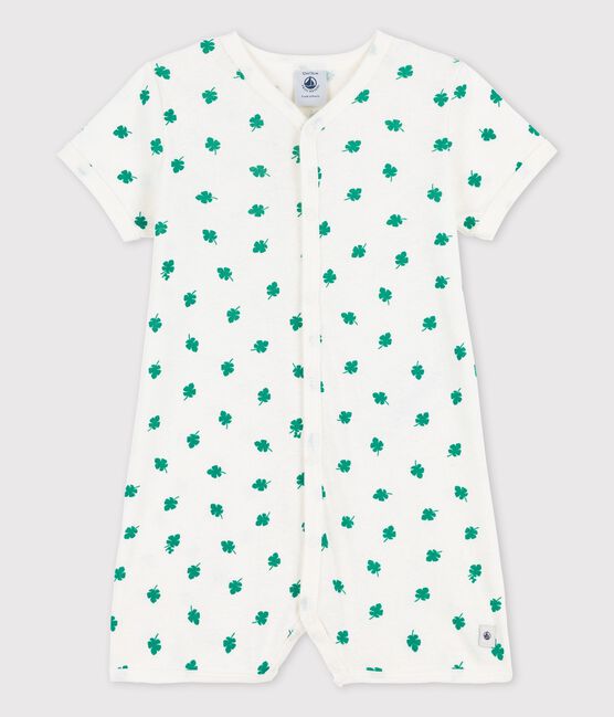 Pelele corto con estampado vegetal de lino y algodón de bebé blanco MARSHMALLOW/verde GAZON