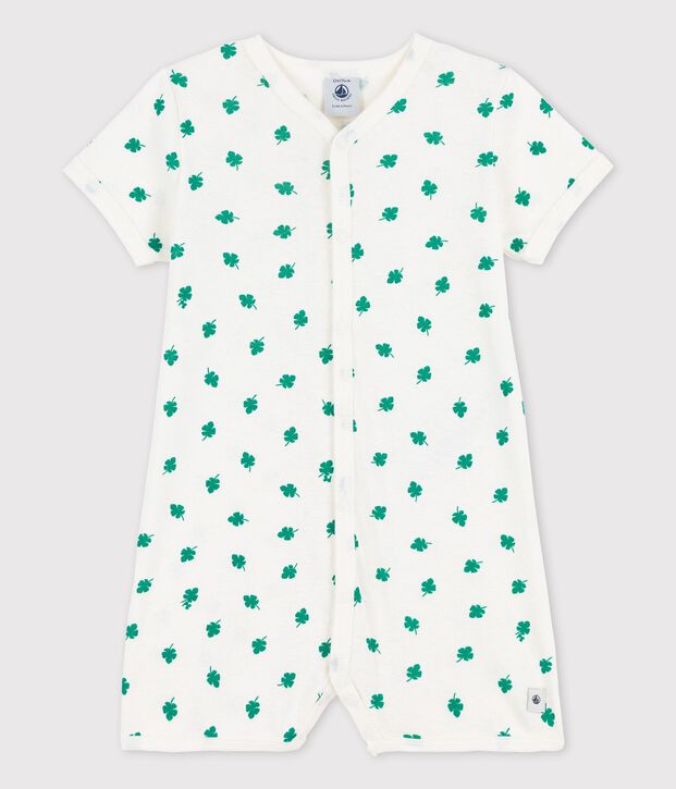 Pelele corto con estampado vegetal de lino y algod&oacute;n de beb&eacute; blanco/verde