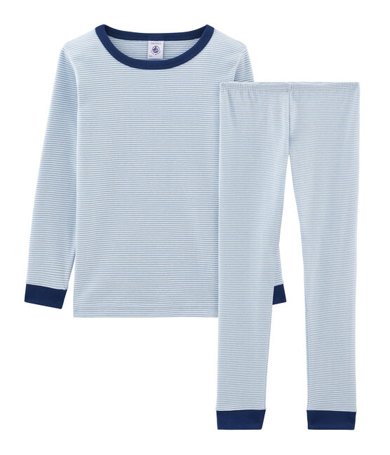 Pijama de corte muy ajustado de punto para niño azul ACIER/blanco MARSHMALLOW