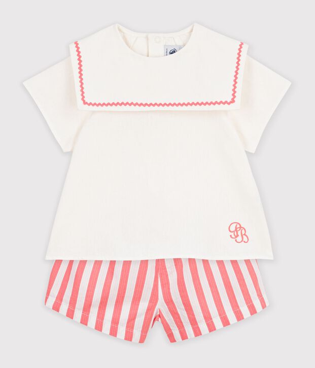 Conjunto para beb&eacute; de 2 piezas de algod&oacute;n/lino, parte superior con cuello marinero rosa/blanco
