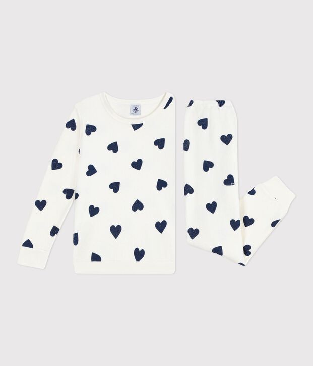 Pijama infantil de rizo de algod&oacute;n con estampado de corazones azul/azul