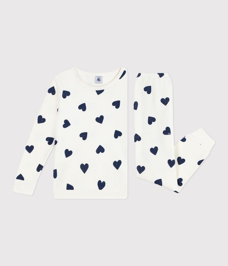 Pijama infantil de rizo de algod&oacute;n con estampado de corazones azul/azul