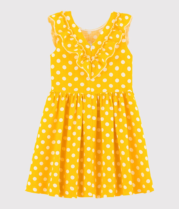 Vestido de manga corta de lino de ni&ntilde;a amarillo/blanco