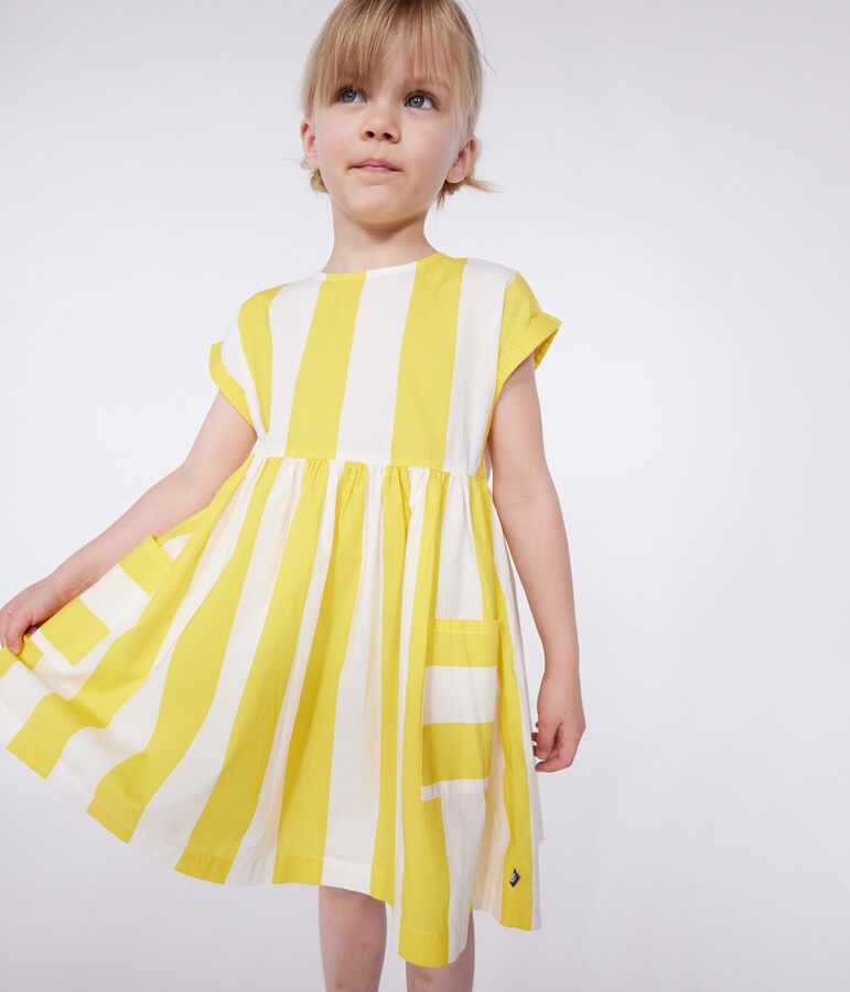 Vestido infantil de algod&oacute;n de manga corta a rayas blanco/amarillo