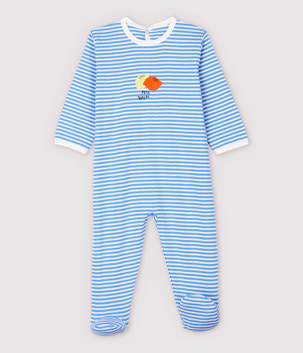Pijama enterizo de fruta con rayas azules de beb&eacute; de algod&oacute;n azul/blanco