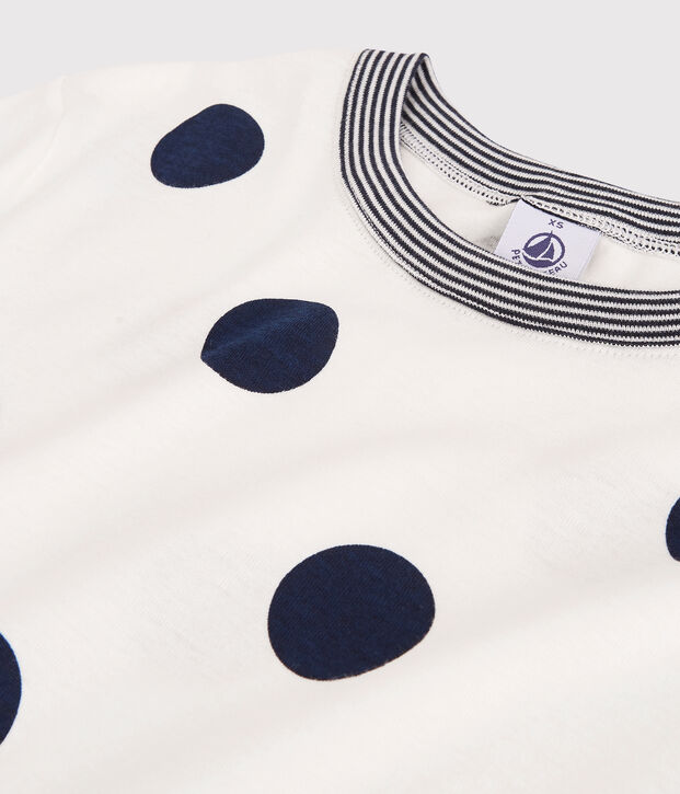 Camiseta de cuello redondo de lunares de algod&oacute;n de mujer blanco/azul