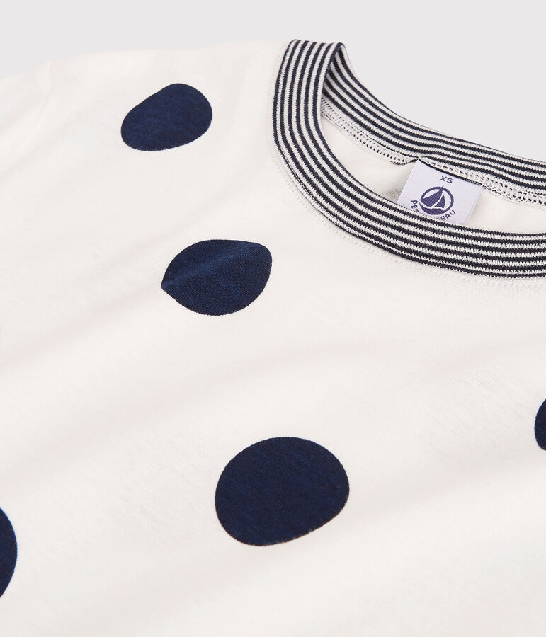 Camiseta de cuello redondo de lunares de algod&oacute;n de mujer blanco/azul