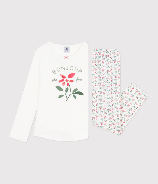 Pijama de algod&oacute;n infantil con estampado de flores blanco/multicolor