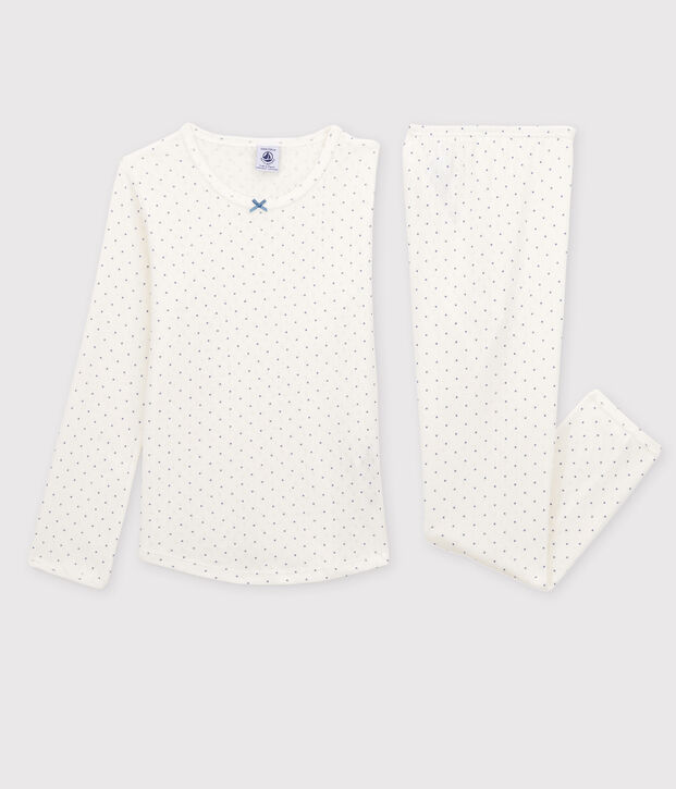 Pijama calado de lunares de ni&ntilde;a de algod&oacute;n org&aacute;nico blanco/azul