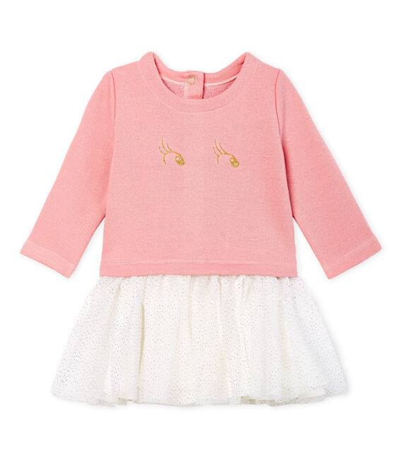 Vestido bimaterial de manga larga para bebé niña rosa CHARME/blanco MULTICO