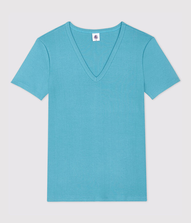 Camiseta de cuello de pico emblem&aacute;tica de algod&oacute;n de mujer azul