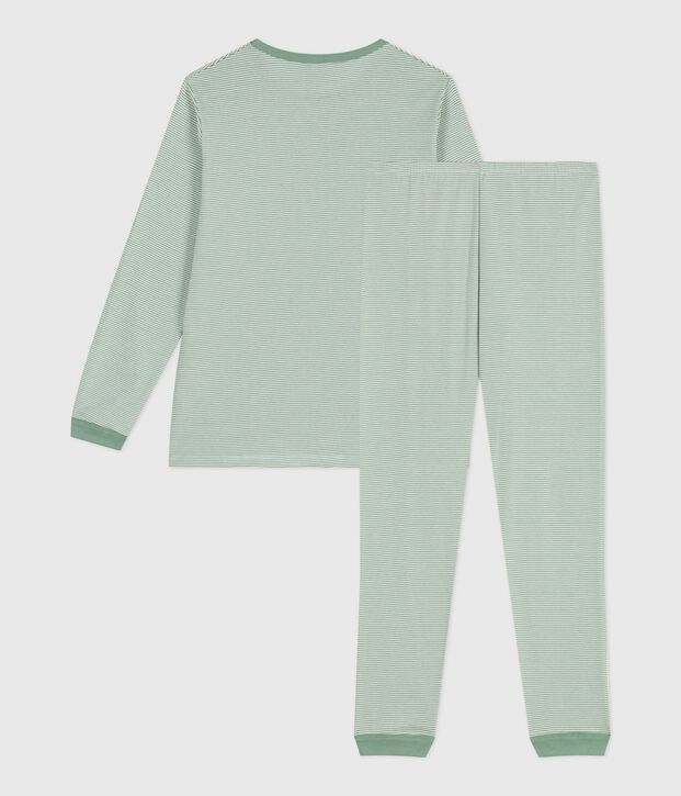 Pijama infantil de algod&oacute;n a rayas verde/blanco