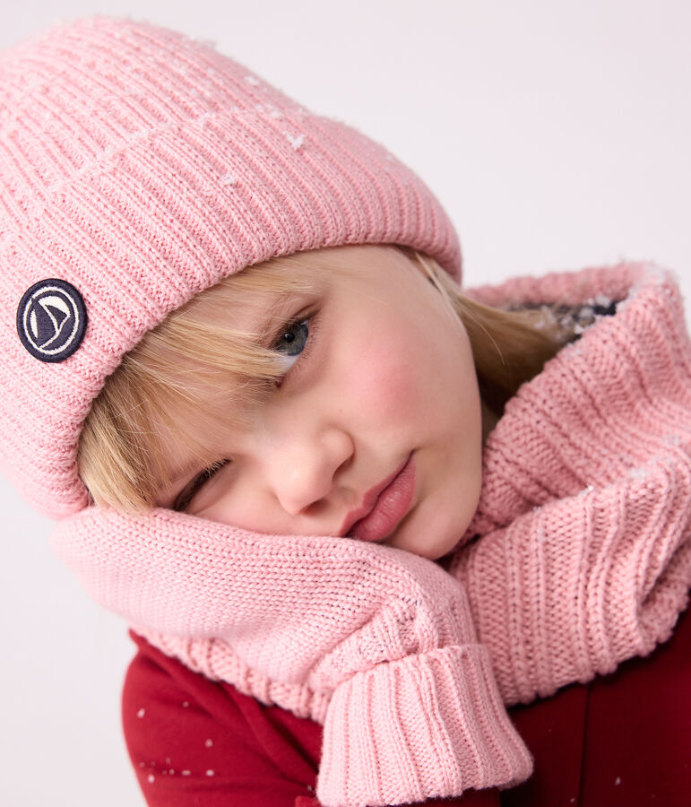 Gorro infantil de punto tricotado con forro polar rosa