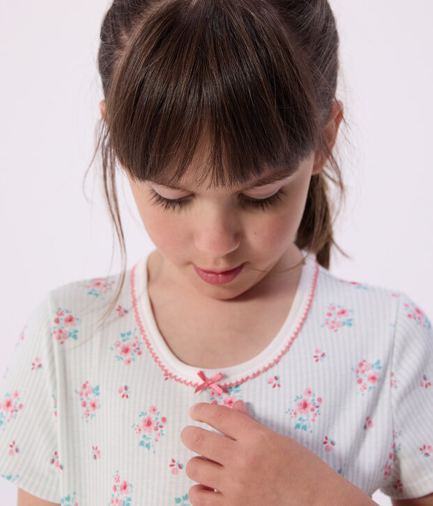 Pijama infantil corto de algod&oacute;n con estampado de flores blanco/multicolor