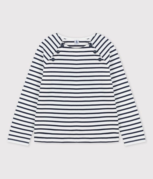 Jersey abotonado de algod&oacute;n de mujer blanco/azul