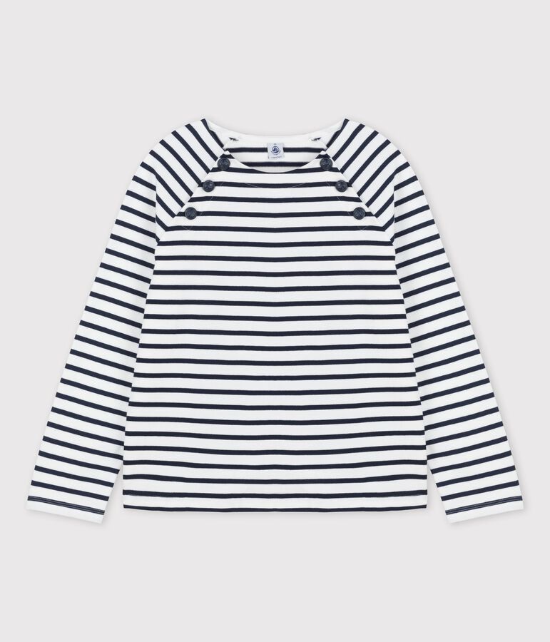 Jersey abotonado de algod&oacute;n de mujer blanco/azul