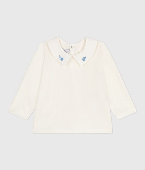 Blusa de algodón de manga larga con cuello bordado para bebé blanco MARSHMALLOW