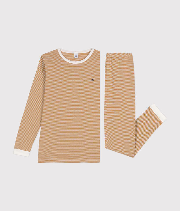 Pijama de algod&oacute;n a rayas j&uacute;nior marron/blanco
