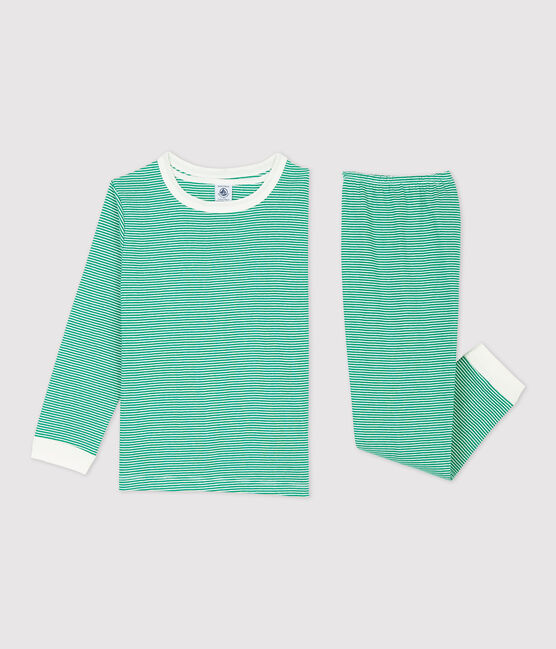 Pijama milrayas verde de niña/niño de algodón orgánico verde PIVERT/blanco MARSHMALLOW