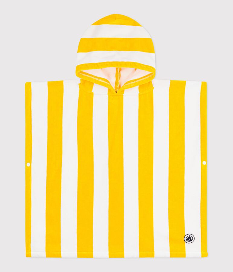 Poncho de ba&ntilde;o infantil de rizo de algod&oacute;n a rayas amarillo/blanco